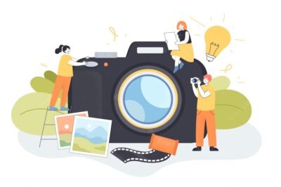 huge camera tiny people taking pictures photographer with camera photos landscapes flat vector illustration photography occupation concept banner website design landin e1663754803137