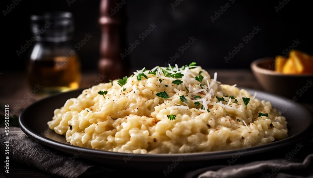 Freshly cooked vegetarian risotto on rustic table 